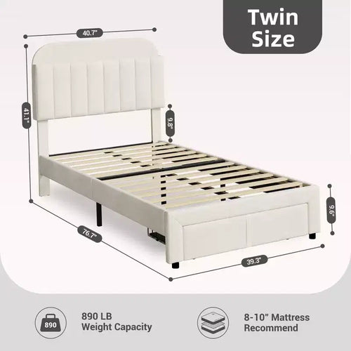 2 Pack Velvet Upholstered Twin Bed Frame with Drawer & Storage Headboard, No Box Spring Needed, Noise-Free Beige