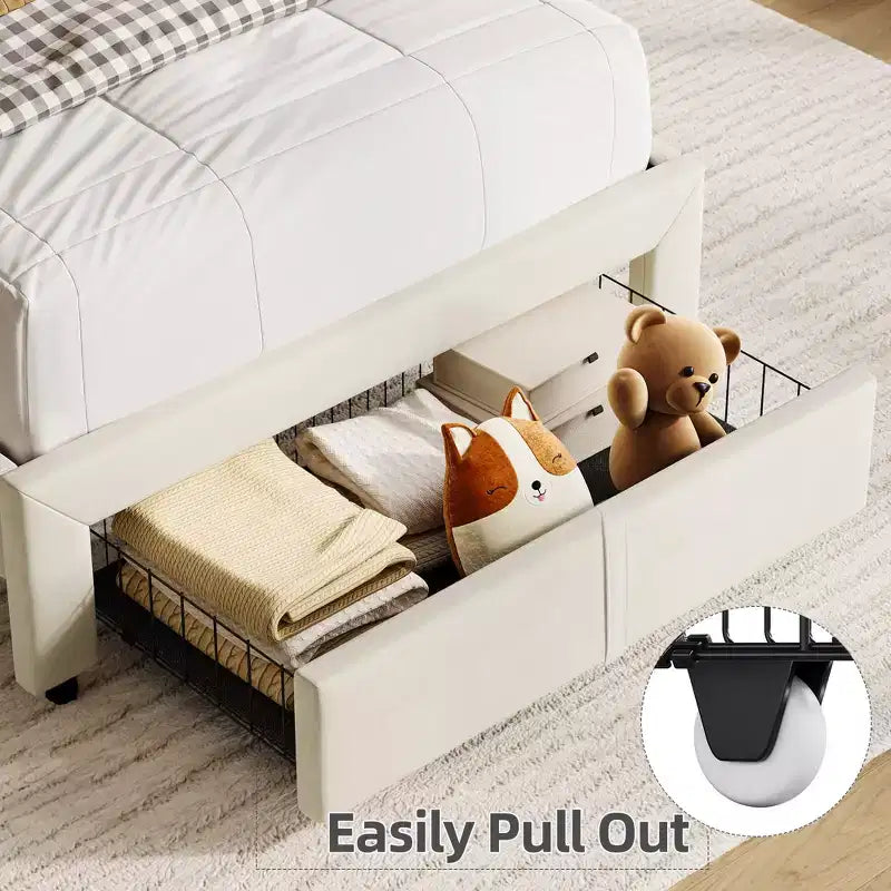 2 Pack Velvet Upholstered Twin Bed Frame with Drawer & Storage Headboard, No Box Spring Needed, Noise-Free Beige