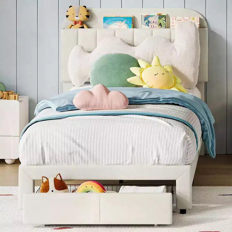 2 Pack Velvet Upholstered Twin Bed Frame with Drawer & Storage Headboard, No Box Spring Needed, Noise-Free Beige