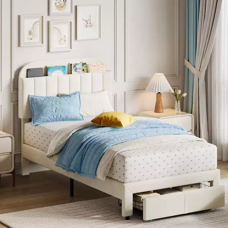 2 Pack Velvet Upholstered Twin Bed Frame with Drawer & Storage Headboard, No Box Spring Needed, Noise-Free Beige