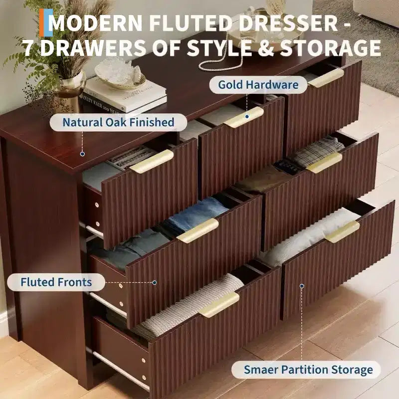 47.24 Wide Fluted Dresser with 7 Drawers, Modern Chest of Drawers with Metal Handles, Wooden Storage Organizer for Bedroom, Living Room, Hallway