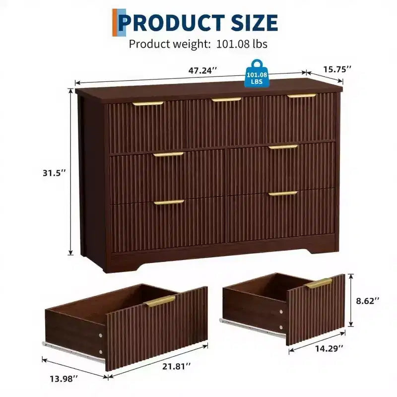 47.24 Wide Fluted Dresser with 7 Drawers, Modern Chest of Drawers with Metal Handles, Wooden Storage Organizer for Bedroom, Living Room, Hallway