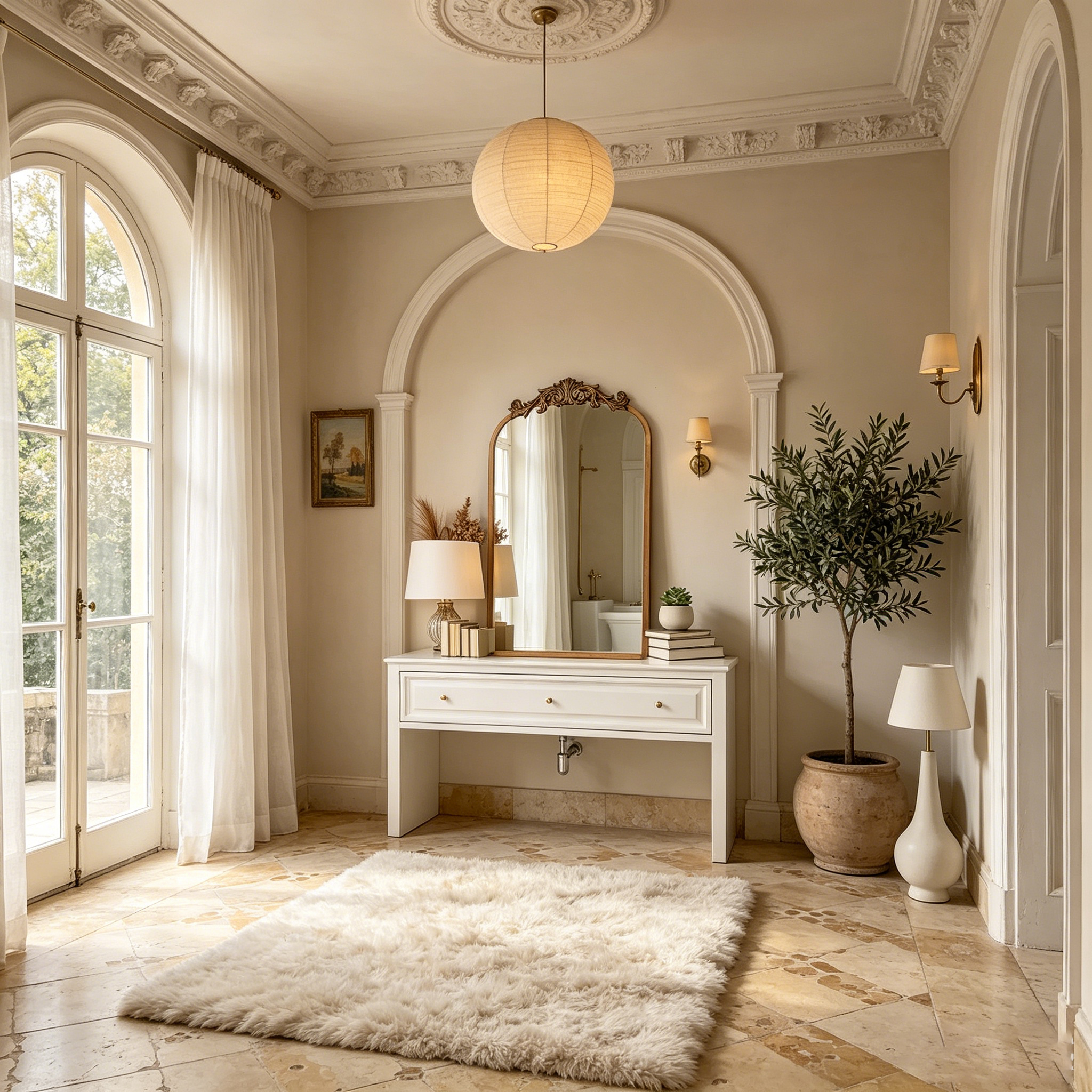 Miroir vintage mural, miroir antique avec cadre orné, design en laiton doré et arqué