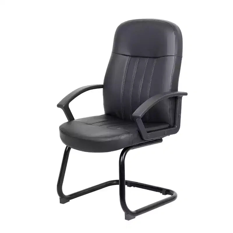 Fauteuil visiteur en similicuir, structure métallique noire, assise rembourrée, accoudoirs fixes