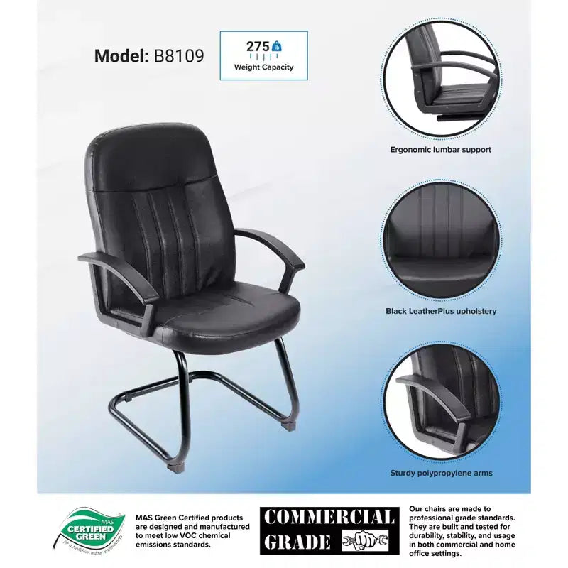 Fauteuil visiteur en similicuir, structure métallique noire, assise rembourrée, accoudoirs fixes