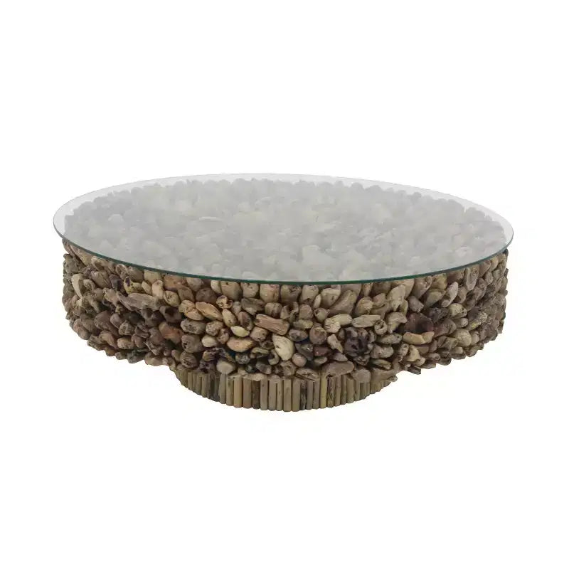 Rustic Driftwood Coffee Table Brown - Olivia & May: No Assembly, Glass Top, Wood Legs