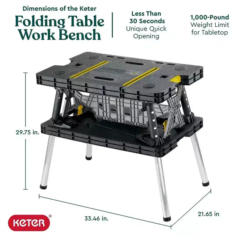 Keter Heavy-Duty Folding Workbench with 12 Adjustable Clamps, Foldable Work Table for Garage, Woodworking and Outdoor Workshop, 1000 lb Capacity