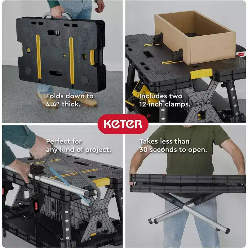 Keter Heavy-Duty Folding Workbench with 12 Adjustable Clamps, Foldable Work Table for Garage, Woodworking and Outdoor Workshop, 1000 lb Capacity