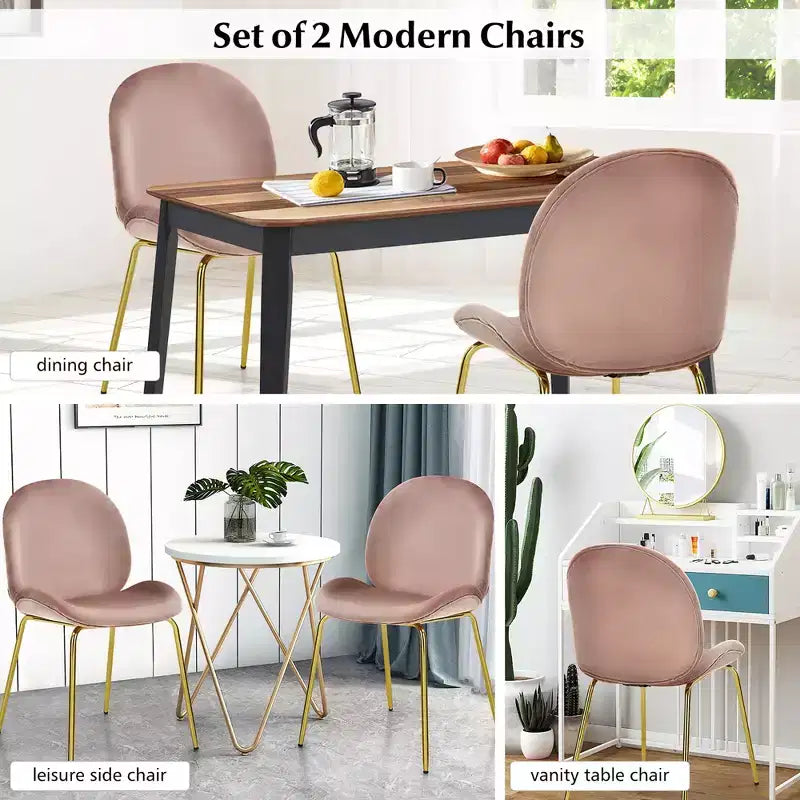 Costway Set of 2 Velvet Accent Chairs Dining Side Chairs w/Gold Metal Legs Pink/Beige/Green/Grey