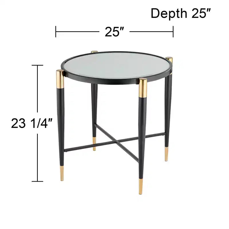 Studio 55D Modern Metal Round Accent Side End Table 25 Wide Matte Black Gold Marbleized Glass Tabletop for Living Room Bedroom