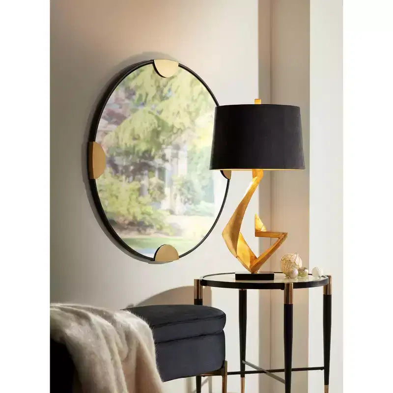 Studio 55D Modern Metal Round Accent Side End Table 25 Wide Matte Black Gold Marbleized Glass Tabletop for Living Room Bedroom
